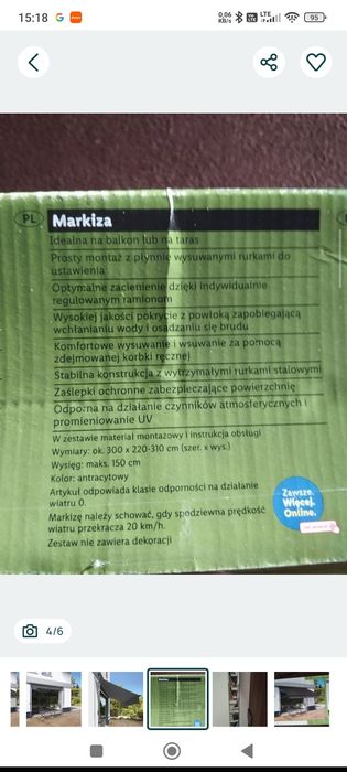 Markiza rozporowa nowa. 300x150 cm.