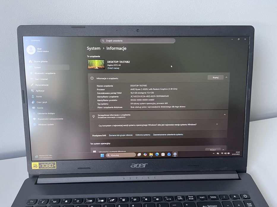 Laptop Acer Aspire 5 AMD Ryzen 5-4500U 16GB RAM 512GB SSD FullHD