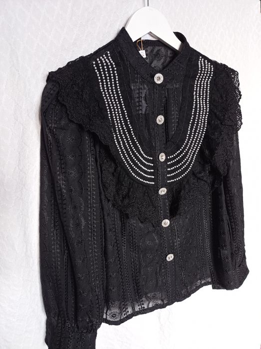 Czarna koszula koronkowa z koralikami nowa retro M/L