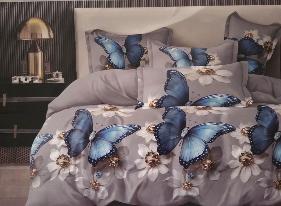 Komplet Pościeli 200x220cm Niebieskie Motyle 4 częściowy