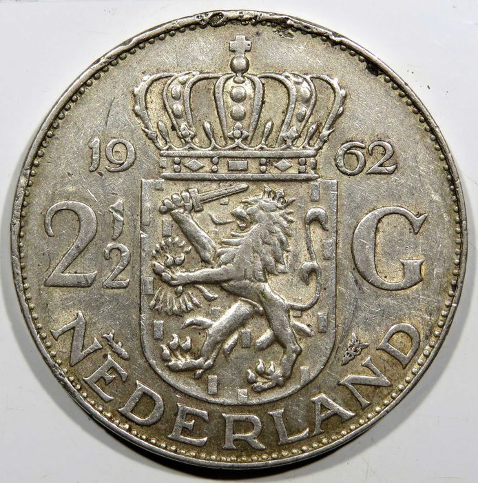 HOLANDA - Moeda em Prata. 2 1/2 GULDEN – Rainha WILHELMINA / 1962