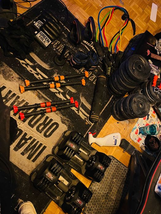 Podwójny zestaw hantli(38kg)  + Worki obciążeniowe + rękawice + wiecej