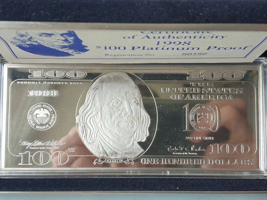 СРІБНА пластина вкрита Платиною! 100$ США ФРАНКЛІН!1998р. ПРУФ. СРІБЛО