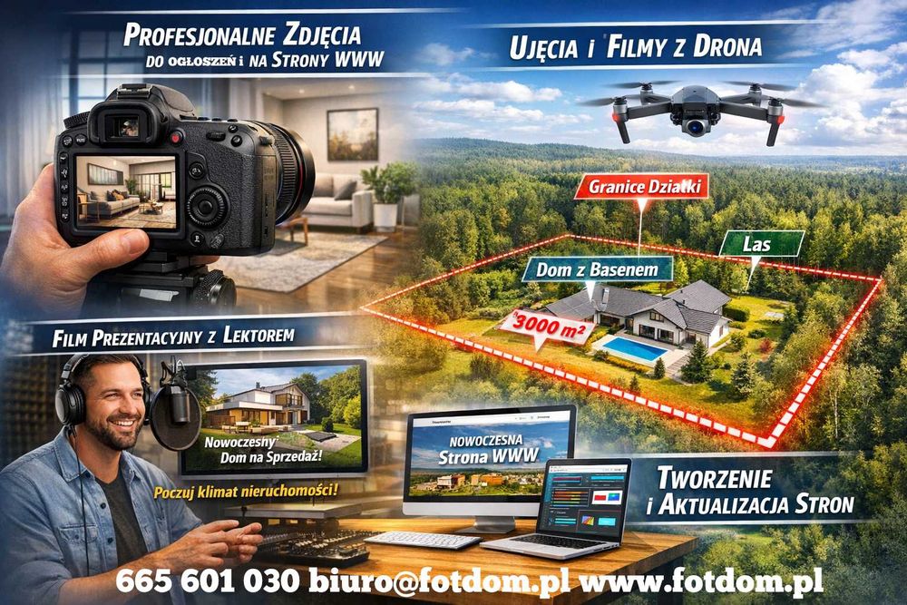 Zdjęcia i filmy nieruchomości (wnętrza, dron, z lektorem)
