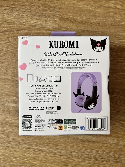 Fioletowe słuchawki uszka Kuromi Sanrio przewodowe