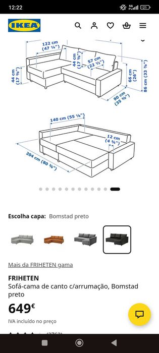 Sofá-Cama IKEA FRIHETEN Bomstad Preto c/ Arrumação - Como Novo