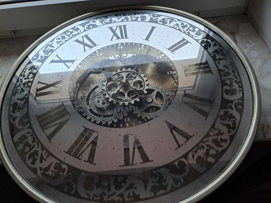 Zegar na ścianę w kolorze starego srebra, duży Ø60cm styl industrialny