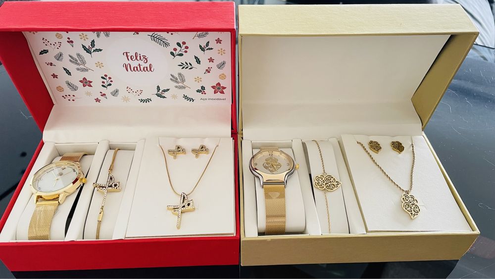 Presente de Natal, Conjuntos de Joias, Relógio+Pulseira+Colar+Brinco