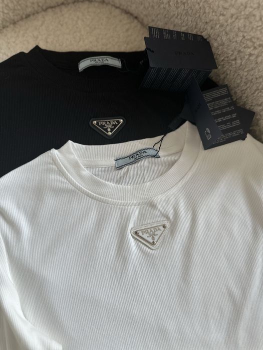 Лонгслів лонг в рубчик чорний білий Прада Prada S M L XL