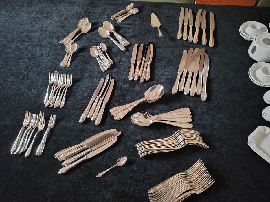 Platery posrebrzane sztućce zastawa stołowa 12 osób próba 90 119 sztuk