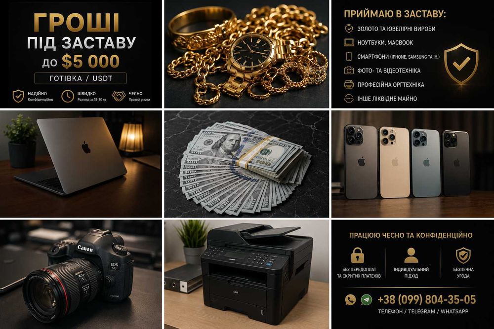 Гроші під заставу | До $5 000 | Готівка / USDT