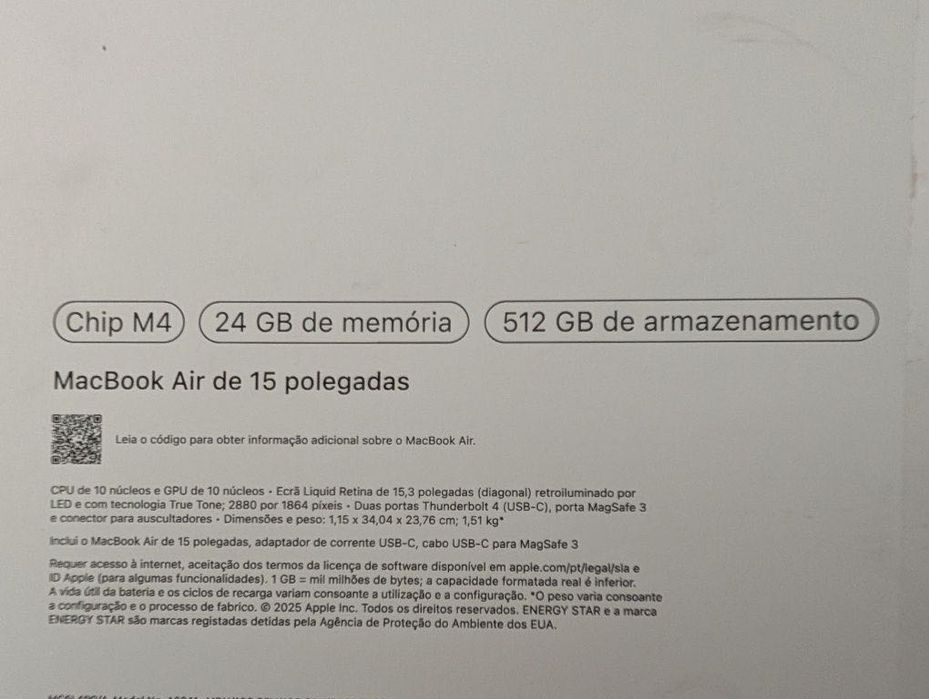 MacBook Air 15,3" M4 24GB 512GB - 2 ciclos - Meia noite - Com garantia