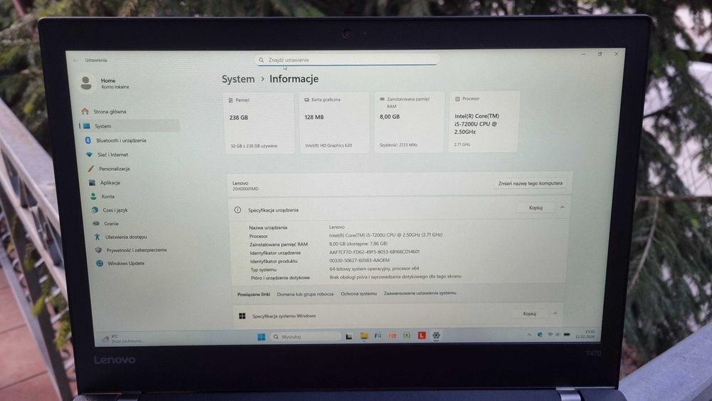 Lenovo ThinkPad T470 14" FHD IPS i5-7200U 8GB DDR4 256GB SSD Win11