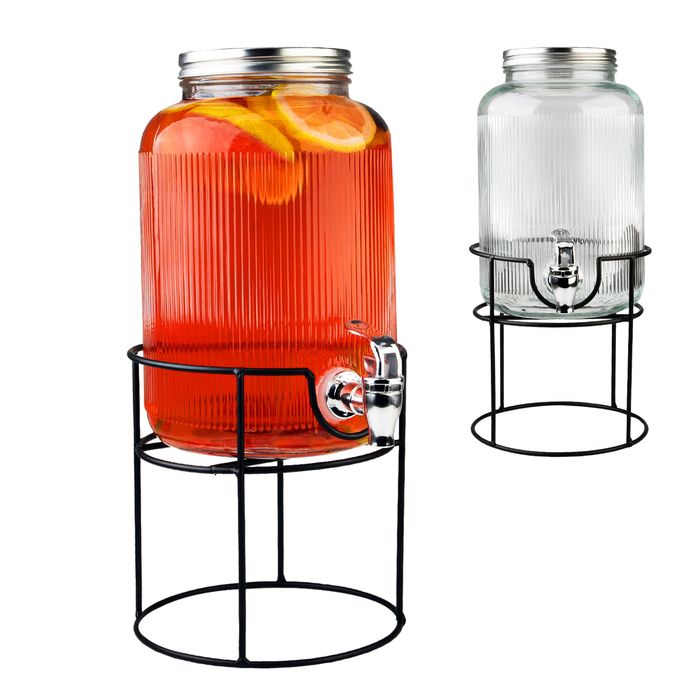 Słój szklany z kranikiem - 4 L - RYFLOWANY + stojak, na lemoniadę wodę