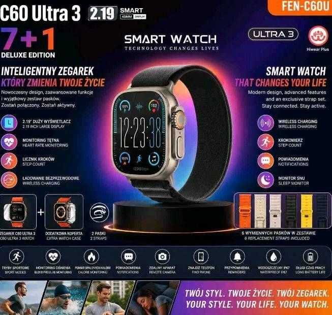 Smartwatch C60 Ultra 3 7+1 zegarek sportowy Bluetooth IP67 49mm komple