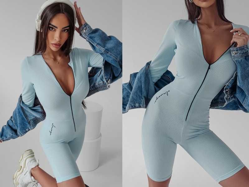 OLV O la Voga nowy prążkowany kombinezon baby blue logo M