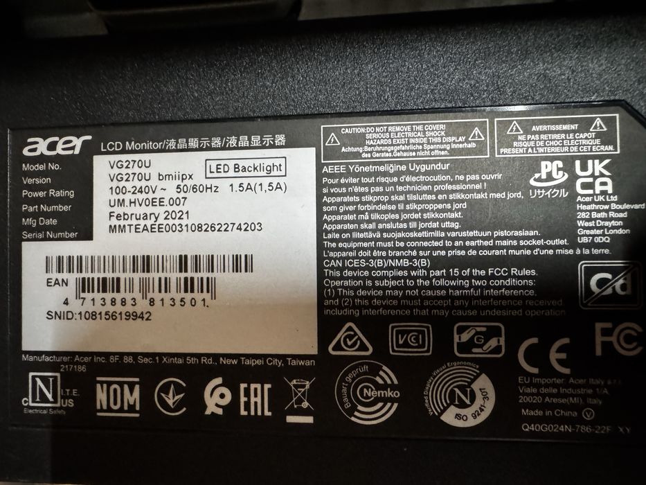 Монітор ACER Nitro VG270U bmiipx WQHD 2к 27’