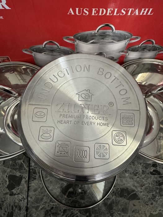 Duży zestaw garnków z patelnią. 12el. Grube dno. Gaz. Indukcja