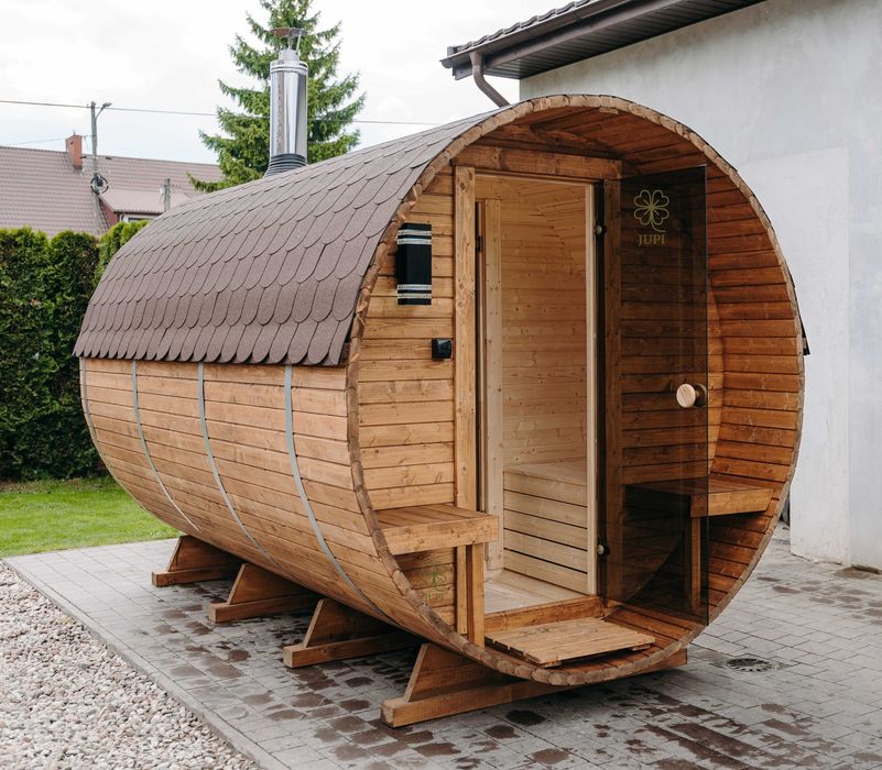 Sauna ogrodowa beczka 335cm z przedsionkiem piecem i oświetleniem LED