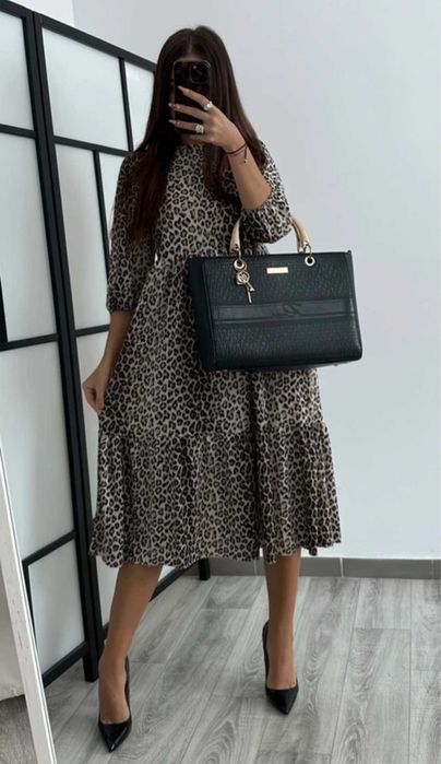 Zara sukienka midi w panterke falbanki S/M