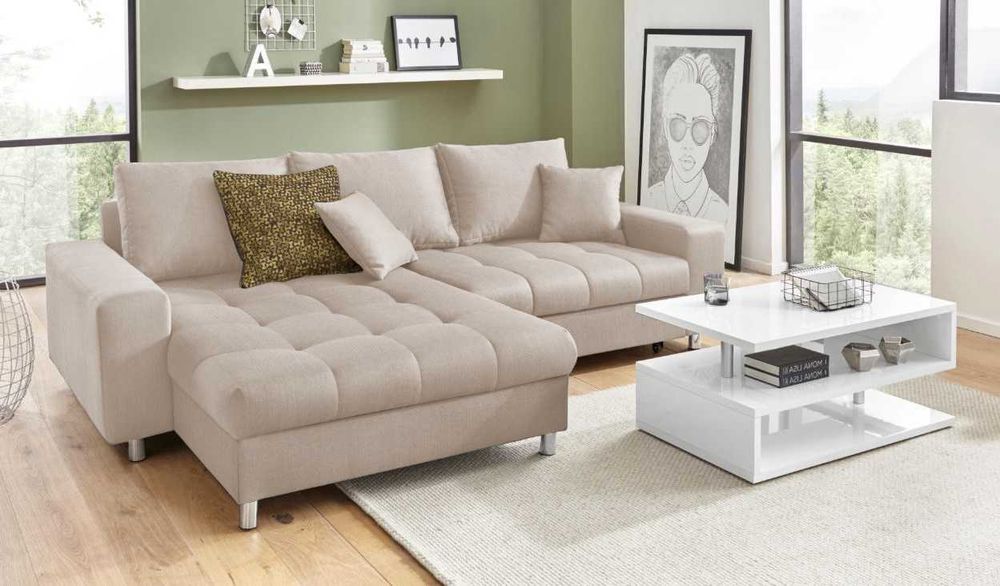 Narożnik,kanapa sofa beżowa z pojemnikiem i funkcją spania.Transport