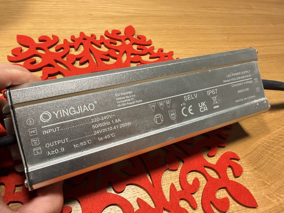 Zasilacz LED 24V 250W IP67 YINGJIAO – nowy, wodoodporny