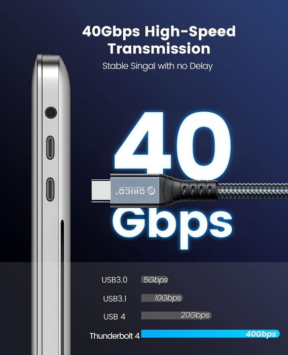 Kabel 0,8m ORICO dla Thunderbolt 4, prędkość transferu 40 Gb/s
