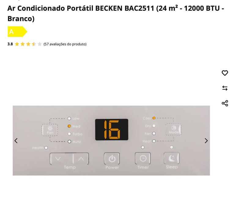 Ar Condicionado Portátil BECKEN BAC2511 (24 m² - 12000 BTU - Branco)