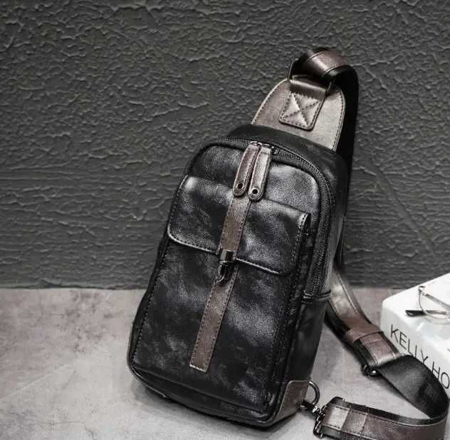 Мужская кожаная бананка модная сумка ранец портфель на грудь на плечо