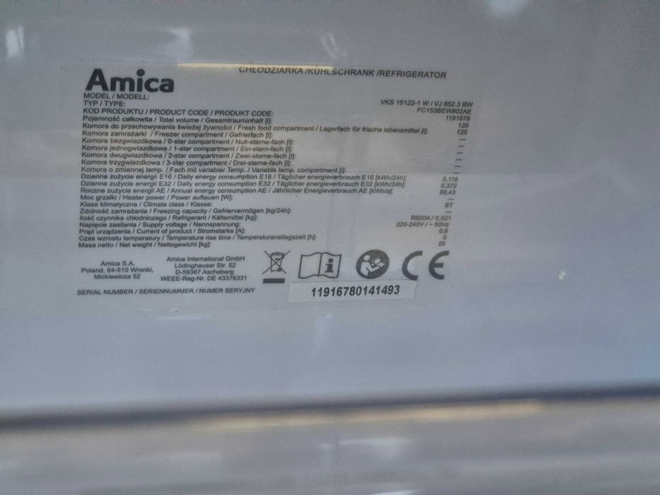 lodówka amica 120l  vks15122 jak nowa 83cm