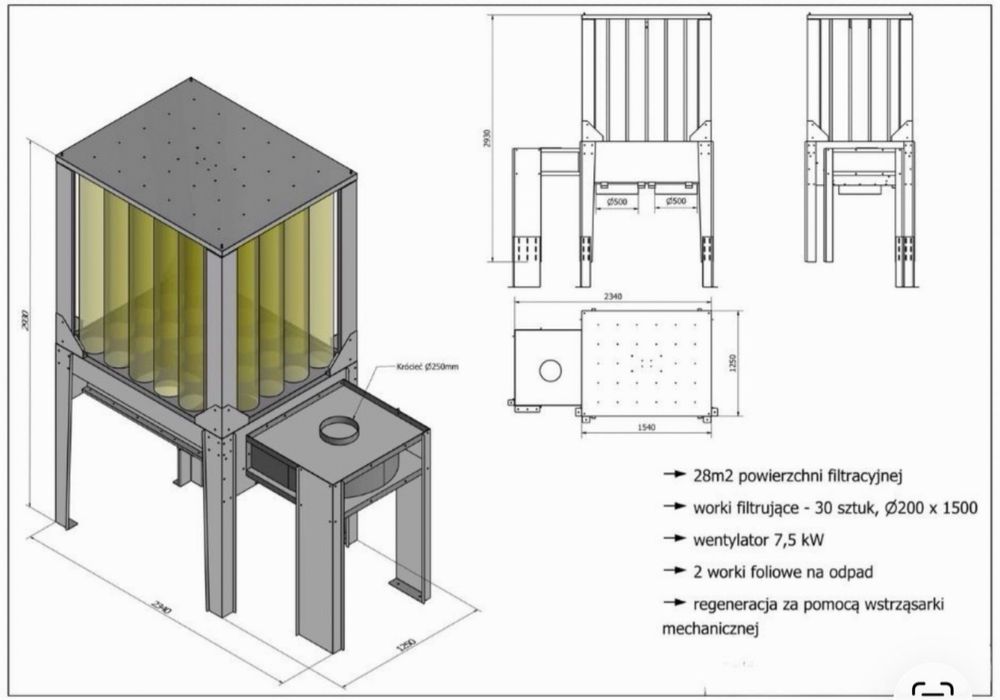 Nowy odciąg/ odpylacz  do maszyn 7,5 kW ze wstrząsarką - OD RĘKI !