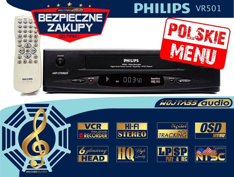 Magnetowid 6-głowicowy Hi-Fi Stereo PHILIPS VR501 NTSC PL menu polskie