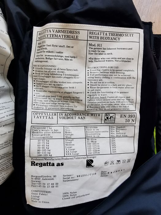 Regatta 911 Thermo Suit With Buoyancy kombinezon wypornościowy  prof
