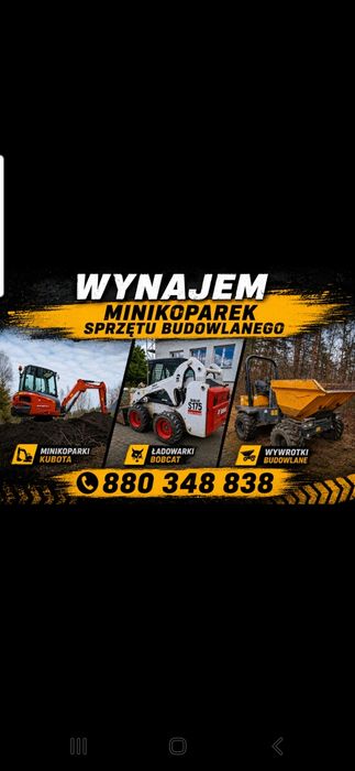 Wynajem / wypożyczalnia minikoparek  ładowarek sprzęu budowlanego Uslugi koparkami minikoparka bobcat prace budowlane