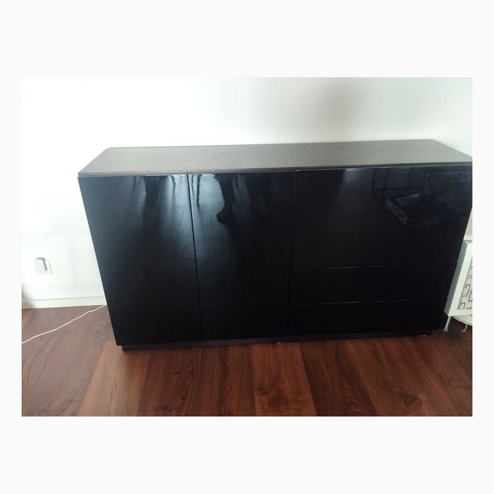 Aparador/bar preto brilhante com arrumação + mesa de jantar Dark Wengué — conjunto elegante para sala