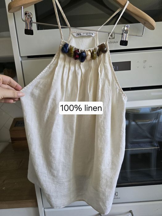 Top lniany ZARA z kamieniami S letni boho przewiewny