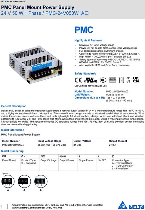 Індустріальний блок живлення PMC-24V050W1AA Delta 24В/50Вт/2,1A
