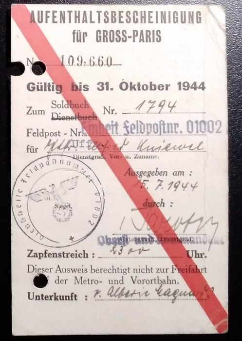 Legitymacja do prawa pobytu w Paryżu z lipca 1944 unikat