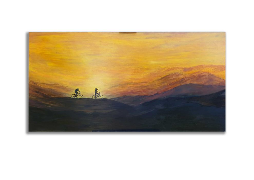 Obraz olejny ręcznie malowany 152x76 Rowery Góry zachód słońca + RAMA