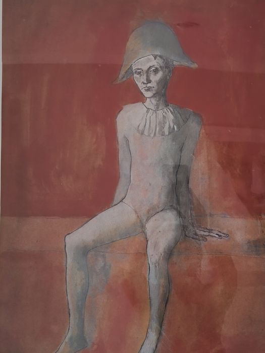 Quadro gravura Picasso Arlequim coleções Philae com moldura prateada