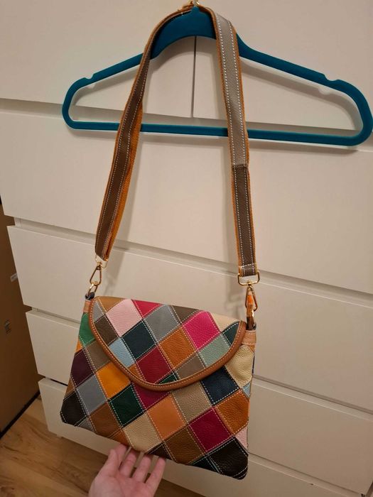 kolorowa skórzana torba na ramię skóra crossbody patchworkowa torebka