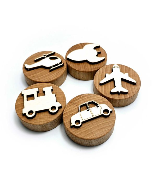 Pieczątki, stemple drewniane zestaw: Środki transportu, pojazdy
