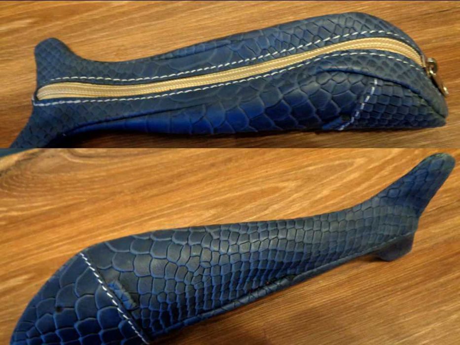 Piórnik skórzany, 100% skóra naturalna, rybka, ręcznie szyty, NOWY.