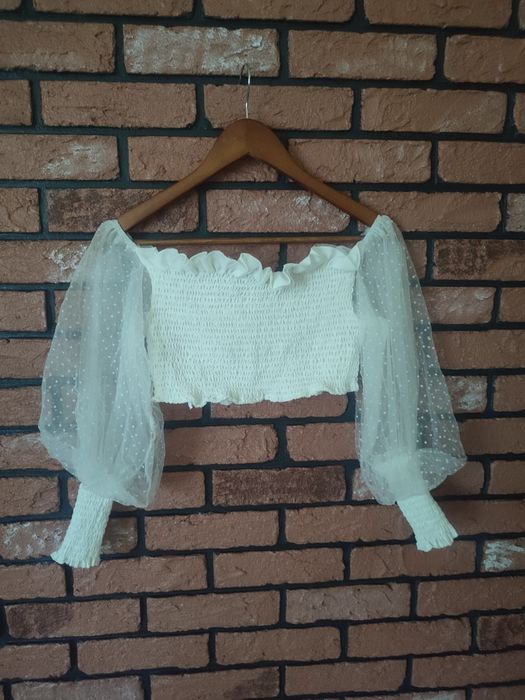 Biała marszczona bluzka z bufami transparentne rękawy