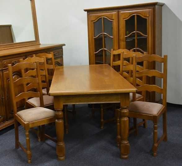 Komoda, Lustro, Witryna, Stół, Krzesła. Dębowy komplet mebli. Dowozimy