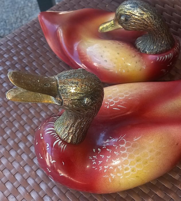 Raros casal de patos em bronze maciço pintados a mão,macho 2.750g,