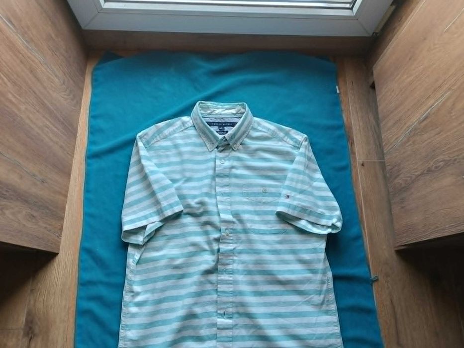 Koszula męska w paski miętowo kremowe 100% bawełna  M/L Tommy Hilfiger