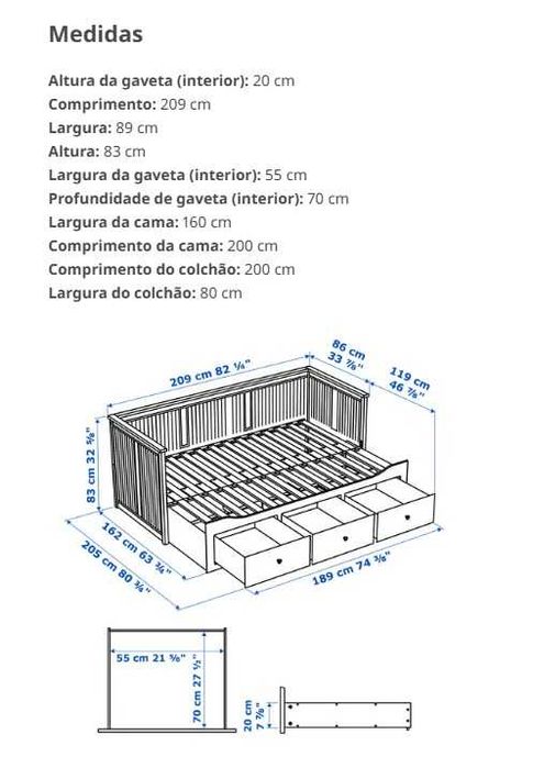 Cama Hemnes IKEA solteiro/casal com 3 gavetões e 2 colchões 80 x 200