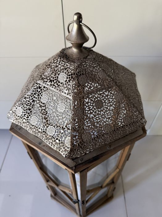 Duży orientalny lampion marokański/indyjski 73 cm drewno metal szkło