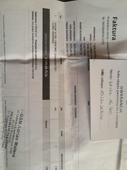 iPhone 16 Pro Bateria 98% Dokumentacja zakupu.